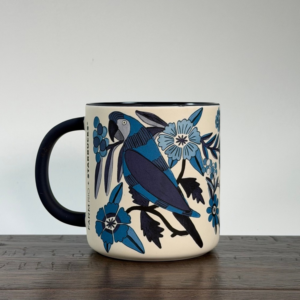 Starbucks x‎ Farm Rio Coffee Mug Blue Floral Limited Edition Parrot Macaw